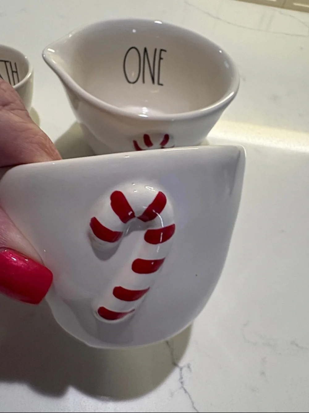 Rae Dunn White Ceramic Nesting Measuring Bowls with Red Candy Cane Accent